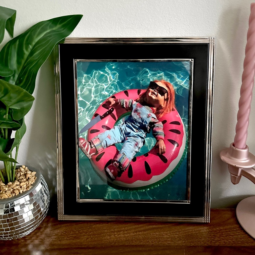 Chucky & His Knife on Pool Float Summer Fun Scary Horror Movie Print Framed Art